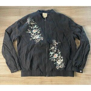 A. Moss Womens Bomber Jacket Black Floral Full Zip Lyocell Blend Embroidered M